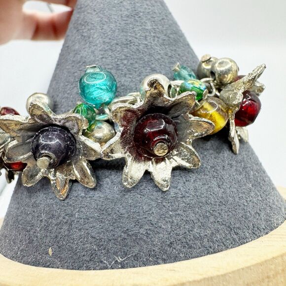 Colorful Glass Bead Flower Cluster Cha Cha Bracelet Silver Tone 7-8.5” - Picture 14 of 14